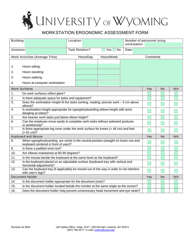 Workstation Ergonomic Assessment Form screenshot