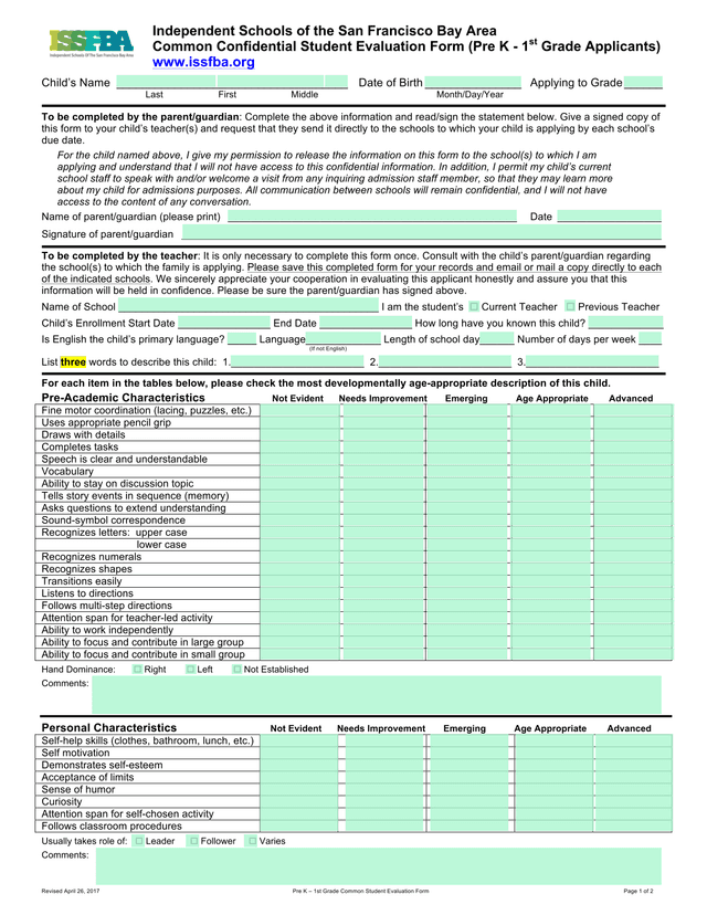 Pre K  1st Grade Common Student Evaluation Form screenshot
