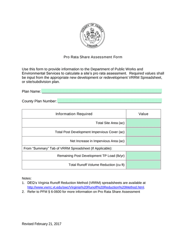 Pro Rata Share Assessment Form screenshot