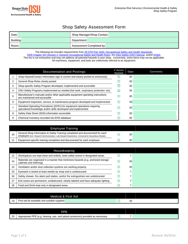 Shop Safety Assessment Form screenshot