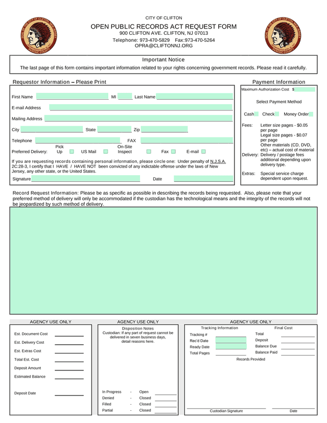 Open Public Records Act Request Form screenshot