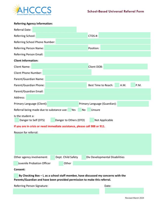 School Based Universal Referral Form screenshot