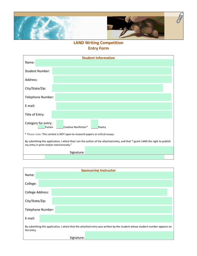 LAND Writing Competition Entry Form screenshot