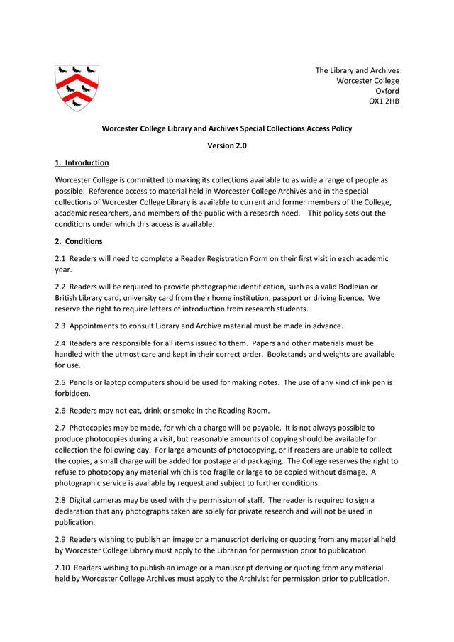 Worcester College Library And Archives Special Collections Access Policy screenshot