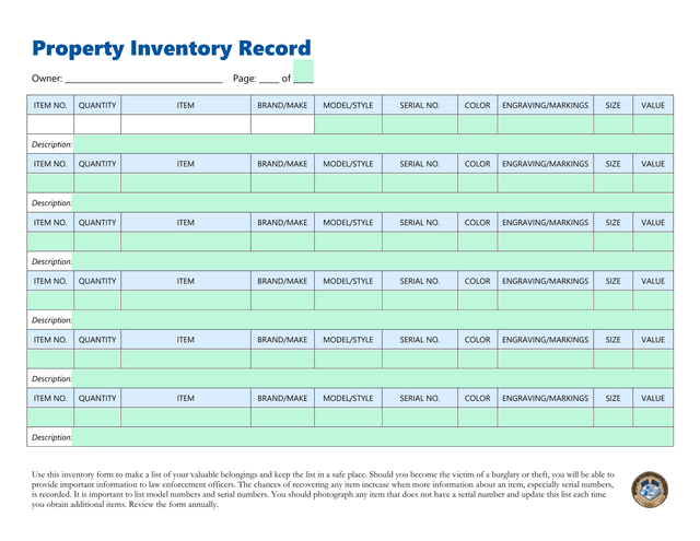Property Inventory Record screenshot