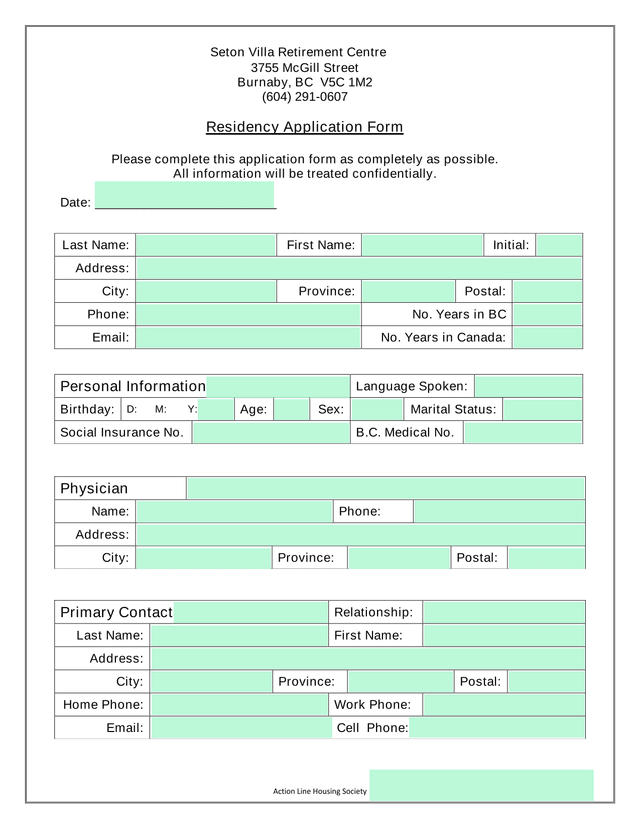 Residency Application Form screenshot