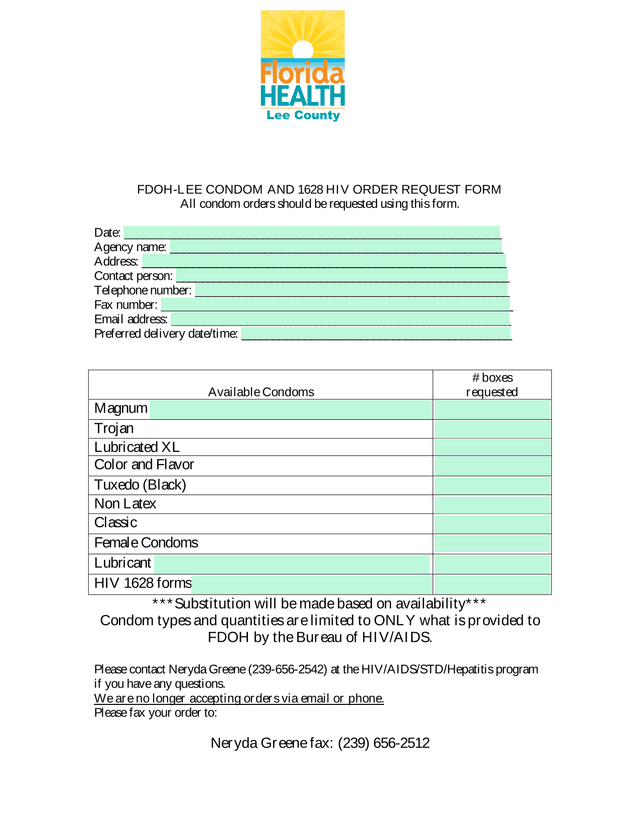 FDOH LEE Condom And 1628 HIV Order Request Form screenshot