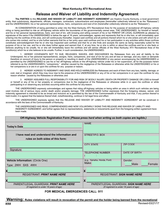 West Kentucky ATV Recreational Area Release And Waiver Of Liability And Indemnity Agreement screenshot
