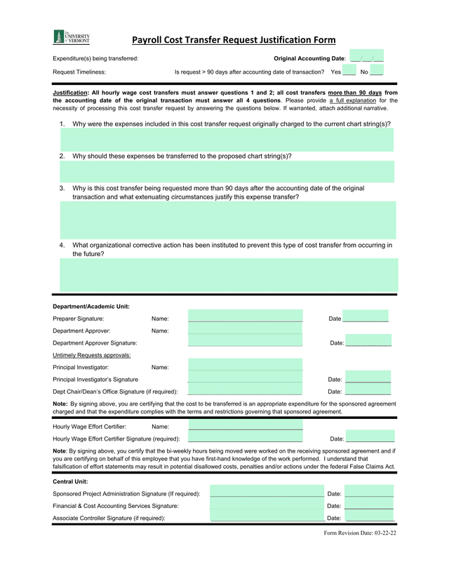 Payroll Cost Transfer Request Justification Form screenshot