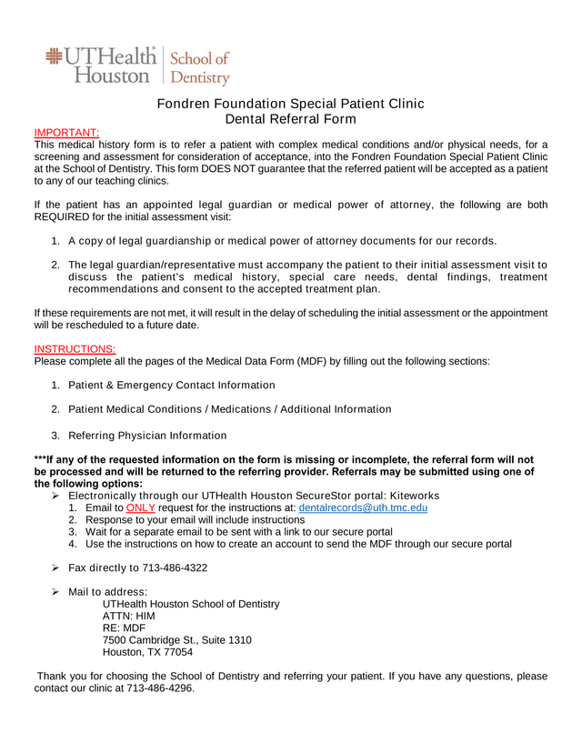 Fondren Foundation Special Patient Clinic Dental Referral Form screenshot