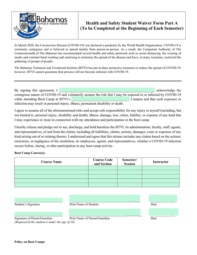 Health And Safety Student Waiver Form Part A screenshot