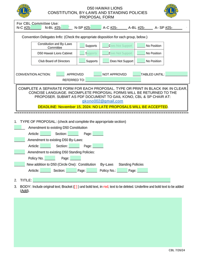 D50 Hawaii Lions Constitution, By Laws And Standing Policies Proposal Form screenshot