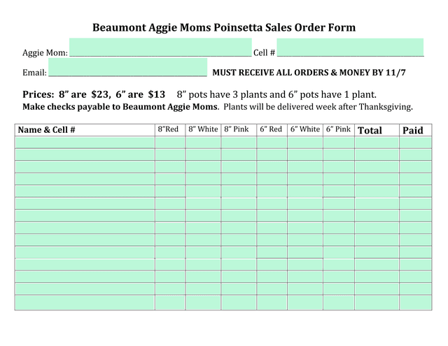 Beaumont Aggie Moms Poinsetta Sales Order Form screenshot