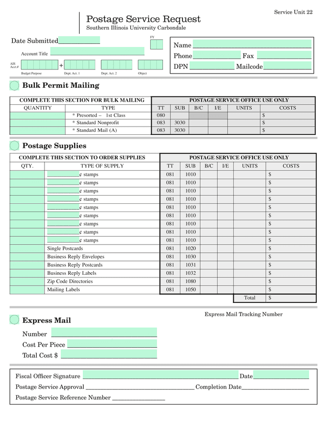 Postage Service Request screenshot