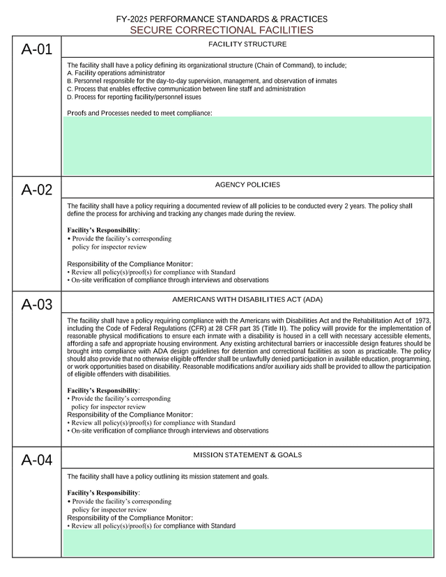 FY 2025 PERFORMANCE STANDARDS  PRACTICES SECURE CORRECTIONAL FACILITIES screenshot