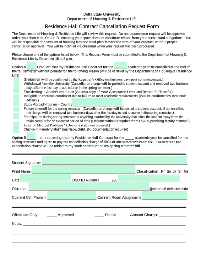 Residence Hall Contract Cancellation Request Form screenshot