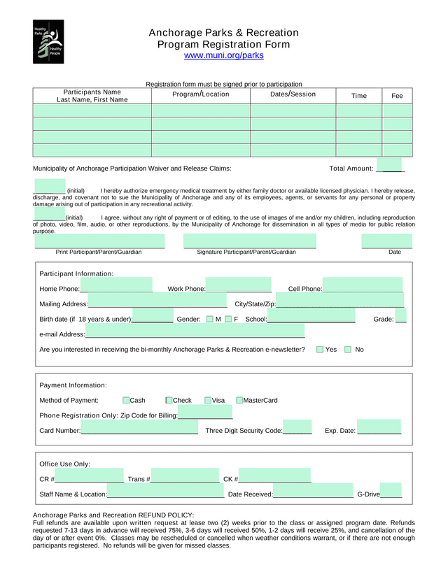 Anchorage Parks  Recreation Program Registration Form screenshot