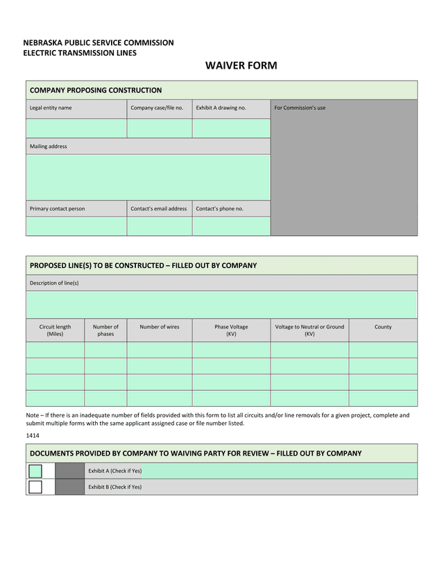 NEBRASKA PUBLIC SERVICE COMMISSION ELECTRIC TRANSMISSION LINES WAIVER FORM screenshot