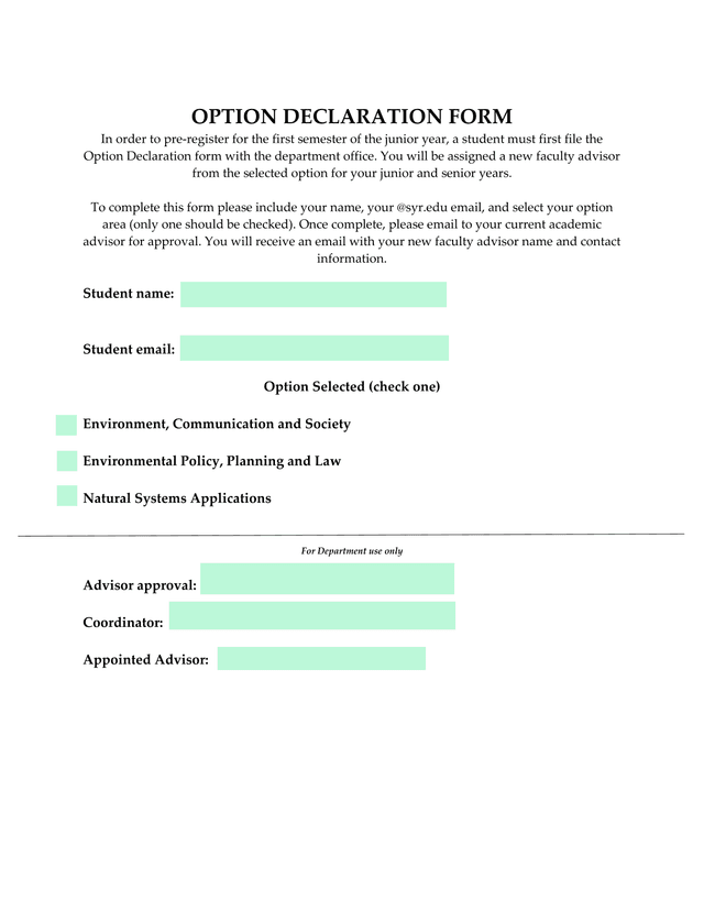 Option Declaration Form screenshot