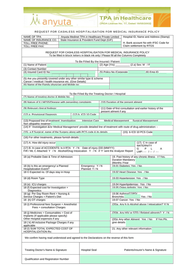 REQUEST FOR CASHLESS HOSPITALISATION FOR MEDICAL INSURANCE POLICY screenshot