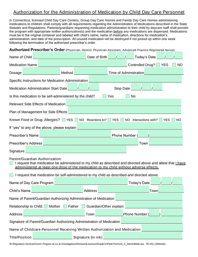 Authorization For The Administration Of Medication By Child Day Care Personnel screenshot