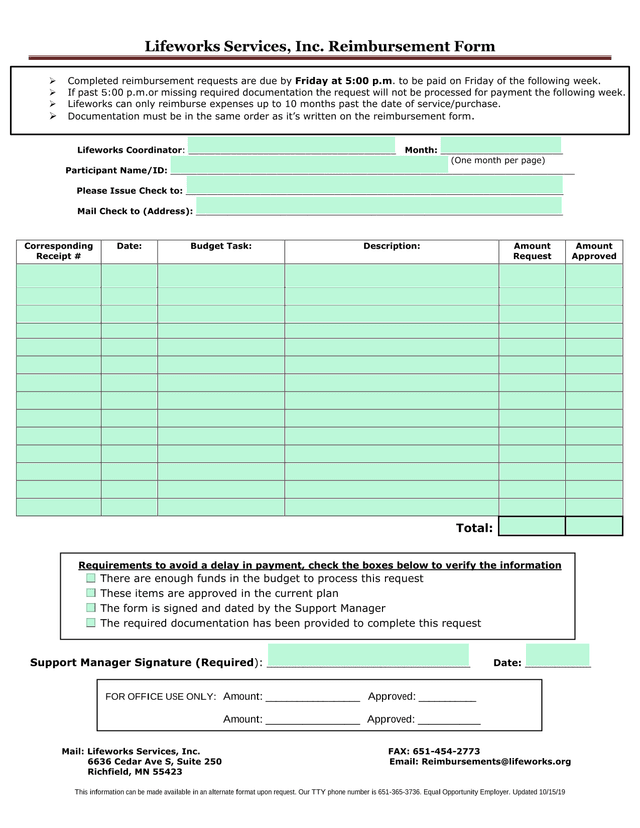 Lifeworks Services, Inc. Reimbursement Form screenshot