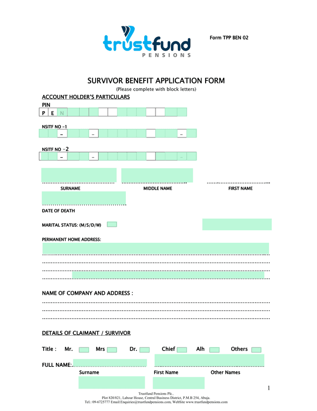 Survivor Benefit Application Form screenshot
