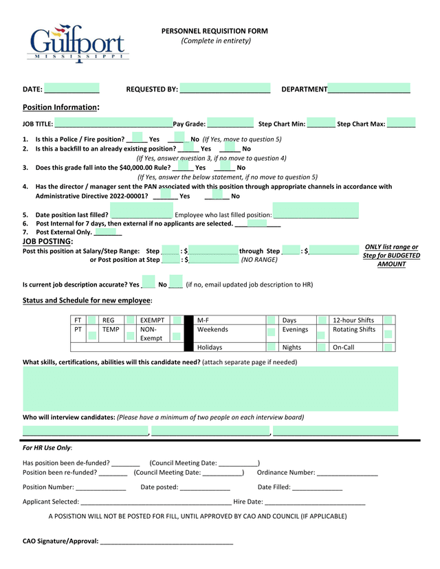 Personnel Requisition Form screenshot