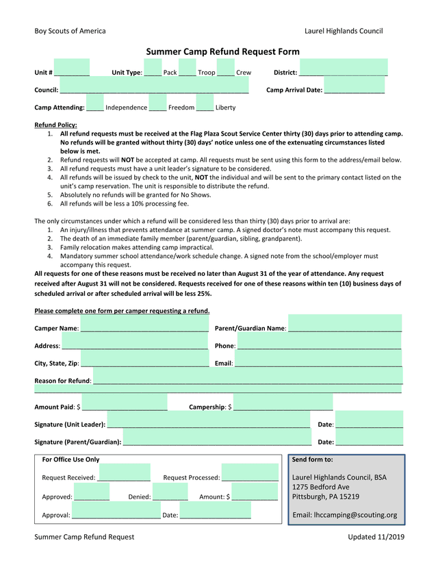 Summer Camp Refund Request Form screenshot