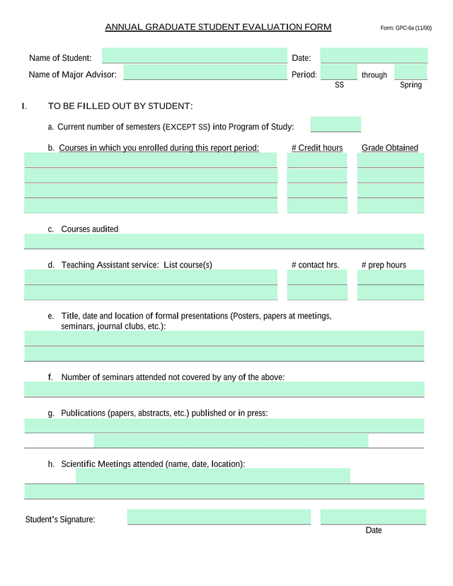 Annual Graduate Student Evaluation Form screenshot