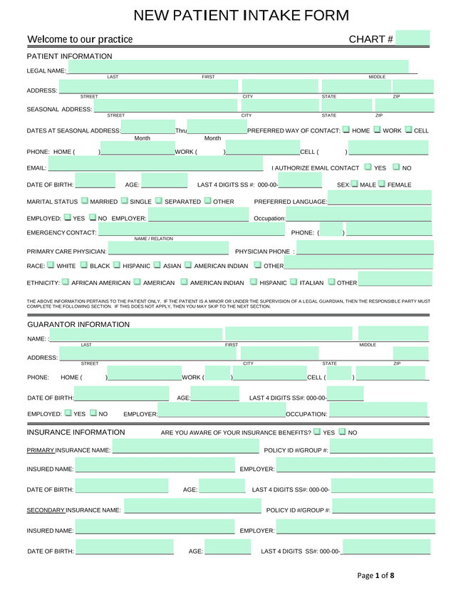 NEW PATIENT INTAKE FORM screenshot