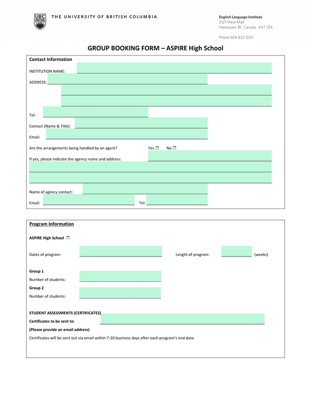GROUP BOOKING FORM  ASPIRE High School screenshot
