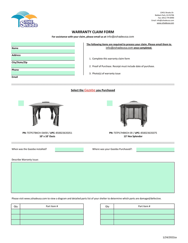 Warranty Claim Form screenshot