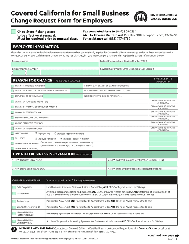 Covered California For Small Business Change Request Form For Employers screenshot