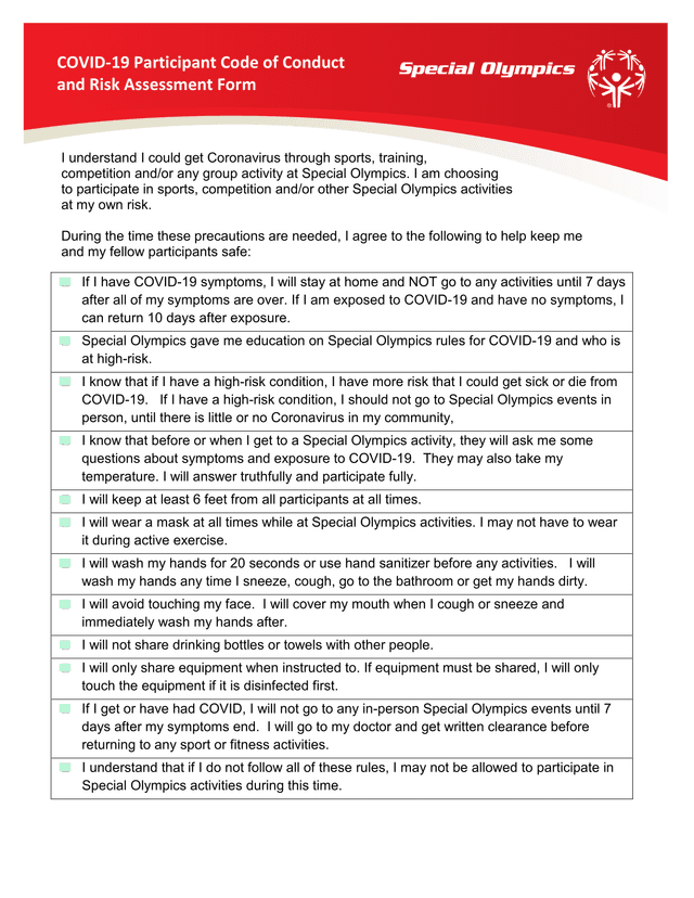 COVID 19 Participant Code Of Conduct And Risk Assessment Form screenshot