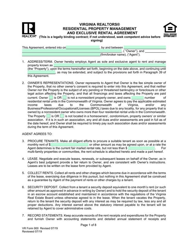 VR Form 900 Residential Property Management And Exclusive Rental Agreement screenshot
