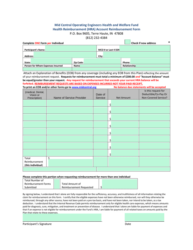 Mid Central Operating Engineers Health And Welfare Fund Health Reimbursement (HRA) Account Reimburse screenshot