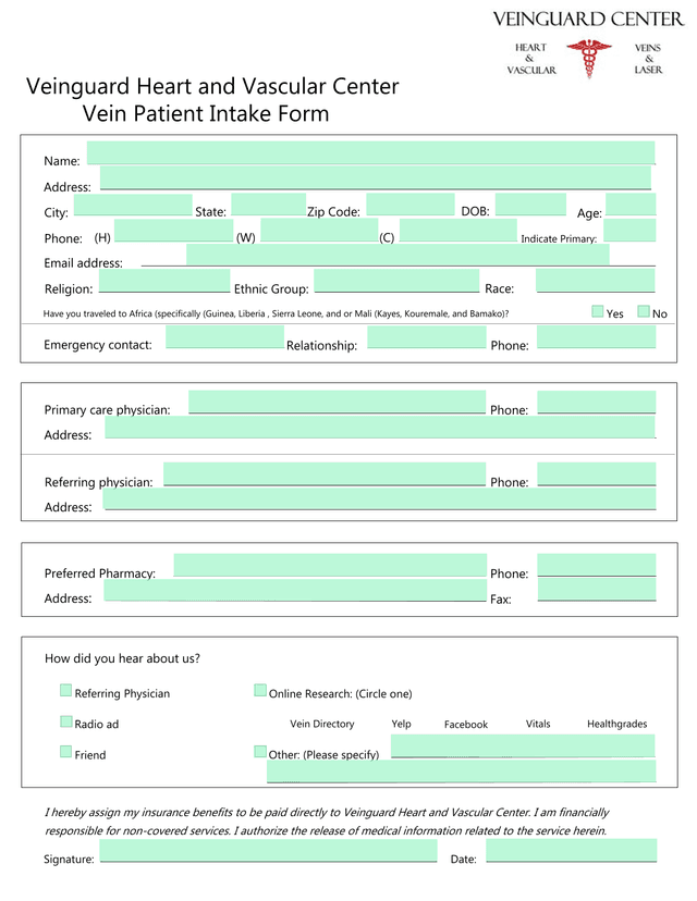 Veinguard Heart And Vascular Center Vein Patient Intake Form screenshot
