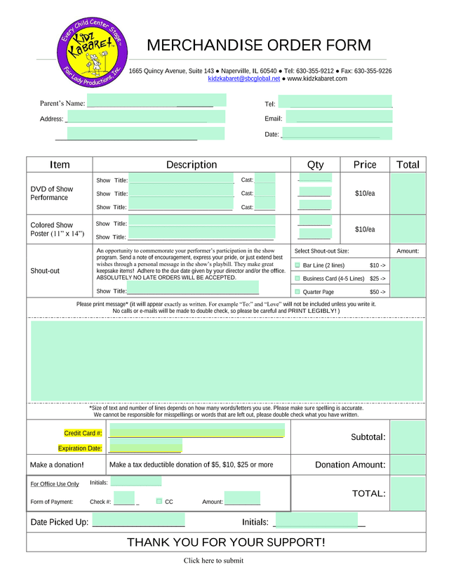 Kidz Kabaret Performance Merchandise Order Form screenshot