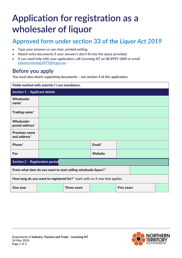 Application For Registration As A Wholesaler Of Liquor screenshot