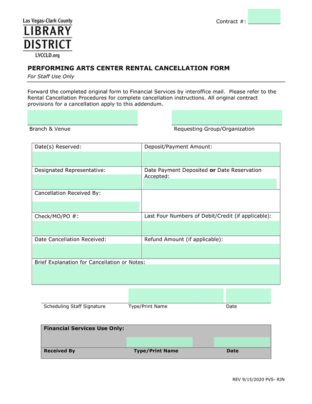 Performing Arts Center Rental Cancellation Form screenshot
