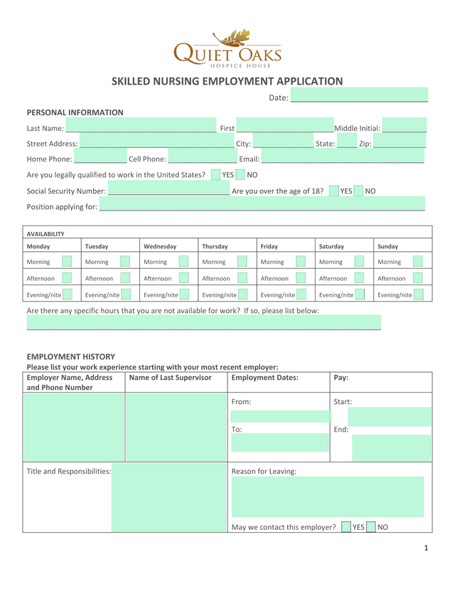 Skilled Nursing Employment Application screenshot