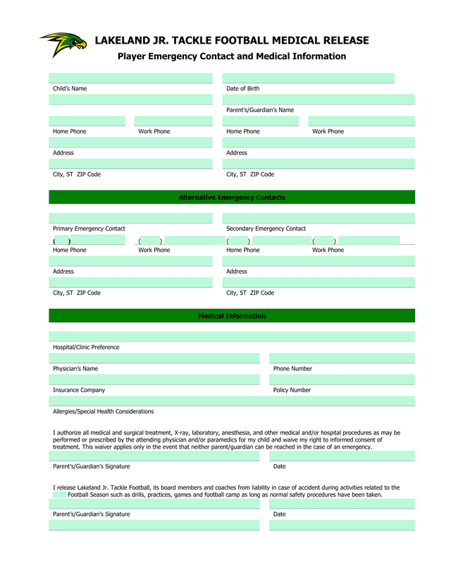 LAKELAND JR. TACKLE FOOTBALL MEDICAL RELEASE screenshot