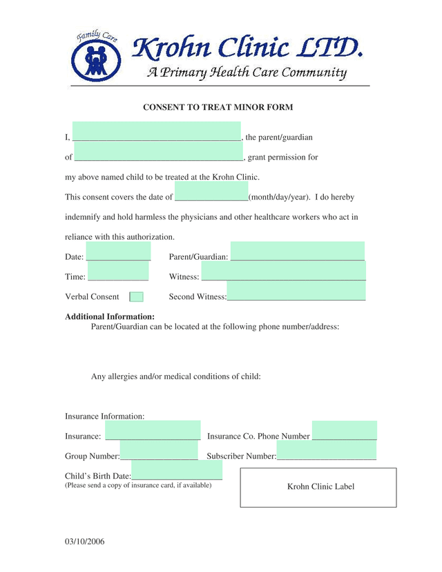 CONSENT TO TREAT MINOR FORM screenshot