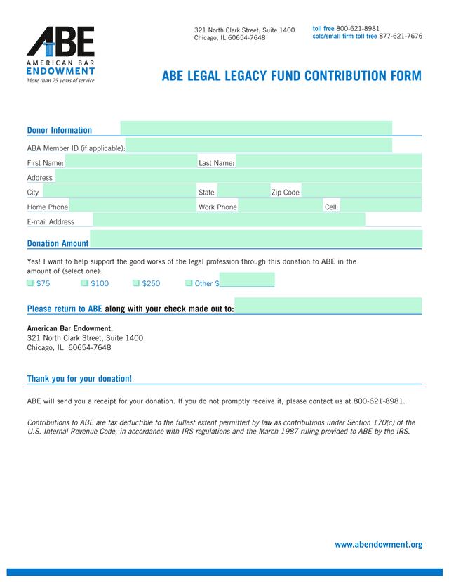 ABE Legal Legacy Fund Contribution Form screenshot