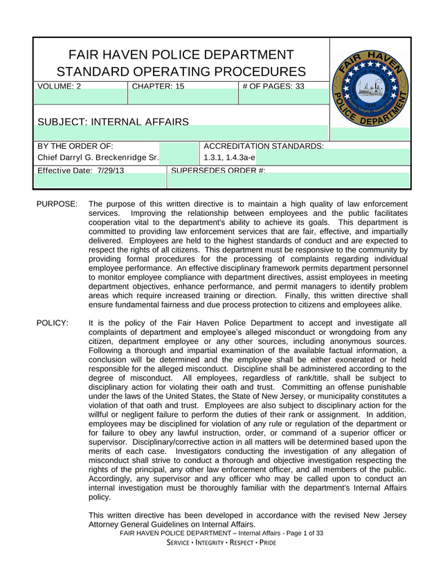 Fair Haven Police Department Standard Operating Procedures   Internal Affairs screenshot