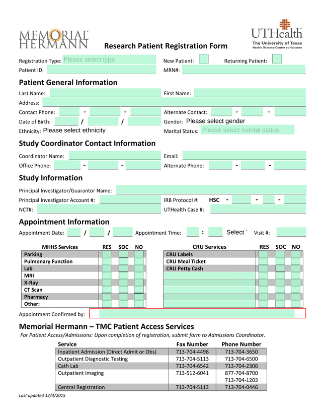 Research Patient Registration Form screenshot