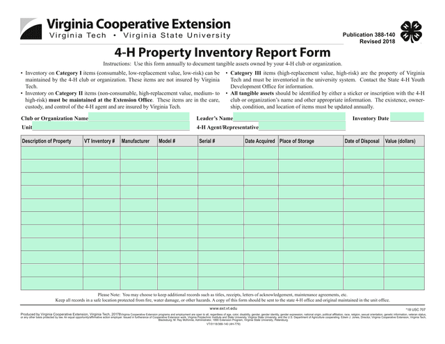 4 H Property Inventory Report Form screenshot