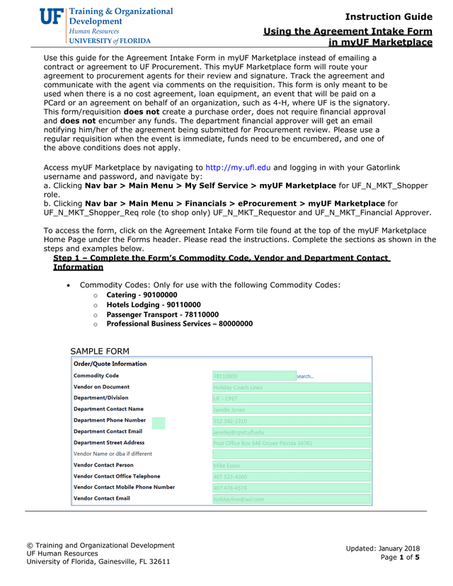 Instruction Guide Using The Agreement Intake Form In MyUF Marketplace screenshot