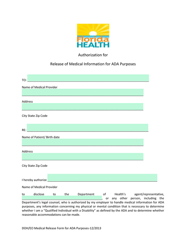 DOHEO Medical Release Form For ADA Purposes screenshot